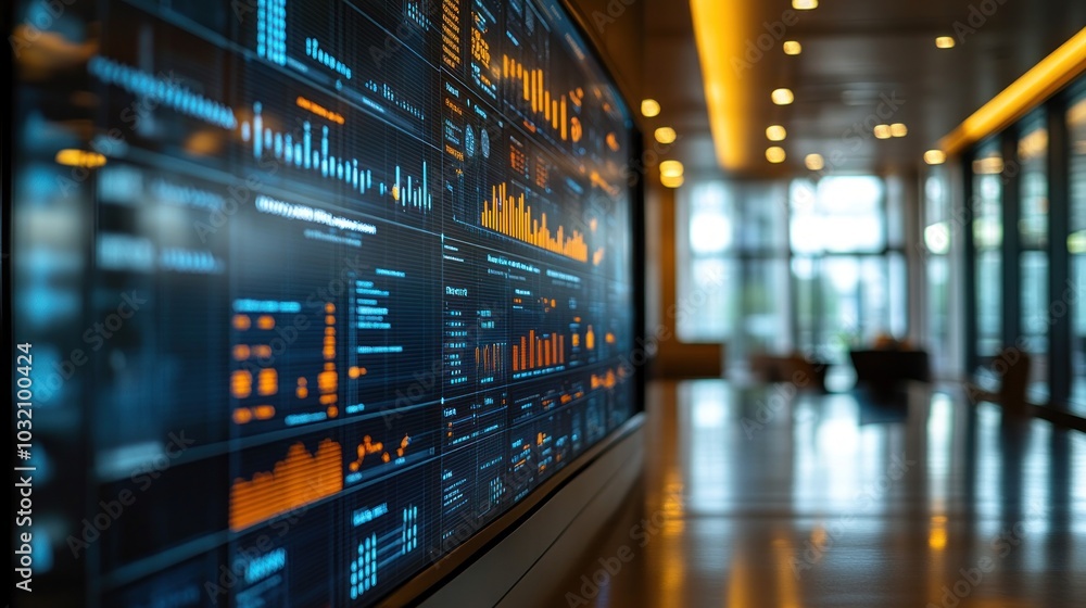 Poster a large digital display screen in an office hallway displays various charts, graphs, and data.
