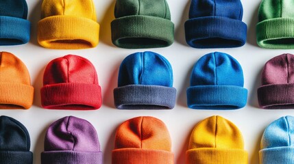 Neatly Arranged Colorful Wool Beanies for Winter Wear Generative AI