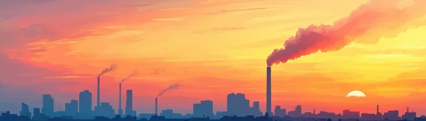 Industrial skyline at sunset with smoke rising against a vibrant sky.