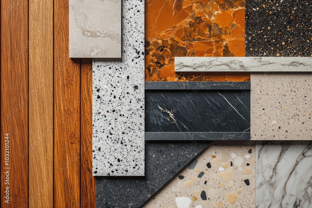 Poster collection of various marble tiles with unique patterns and colors