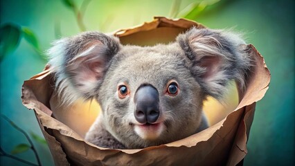 Obraz premium A Curious Koala Peeking From a Paper Bag With a Fuzzy Face and Big Eyes