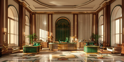 Fototapeta premium An art deco-influenced bank, incorporating bronze and gold details with hints of emerald green, evoking a luxurious ambiance.