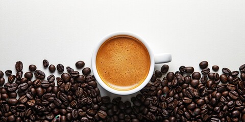 Fototapeta premium A cup of rich coffee surrounded by aromatic coffee beans, perfect for showcasing beverage culture and coffee lovers.