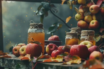 A table with jars of liquid and apples, perfect for home brewing or rustic decor