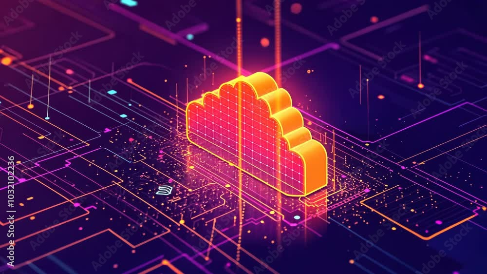 Poster a 3d cloud computing icon sits atop a digital network of glowing lines