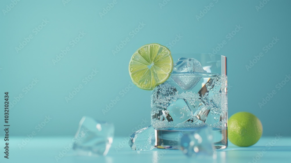Poster a refreshing drink with ice and a slice of lime