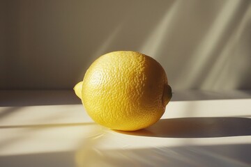 A single lemon sits on top of a white table, simple and clean