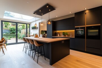 Modern kitchen design featuring sleek black cabinets and elegant lighting. This stylish space offers a warm atmosphere for cooking and entertaining. Generative AI
