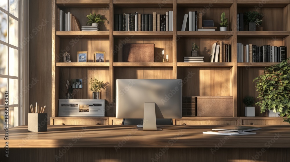 Wall mural Modern office space with a large bookcase, sleek desk setup, perfect for remote work, featuring organized shelves and an inviting atmosphere for productivity