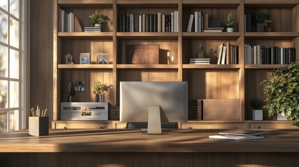 Modern office space with a large bookcase, sleek desk setup, perfect for remote work, featuring organized shelves and an inviting atmosphere for productivity