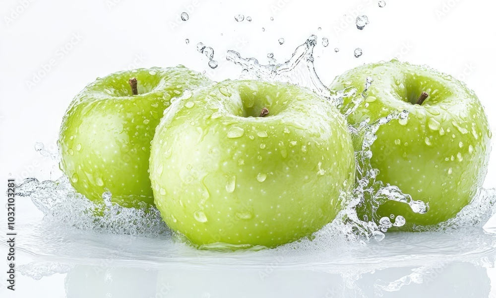 Poster fresh green apples splashing in water with droplets in bright light generative ai