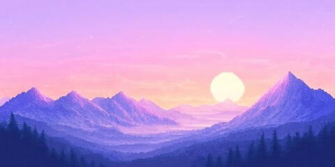 A serene mountain landscape at sunrise, featuring soft pastel colors and a tranquil atmosphere perfect for nature lovers.