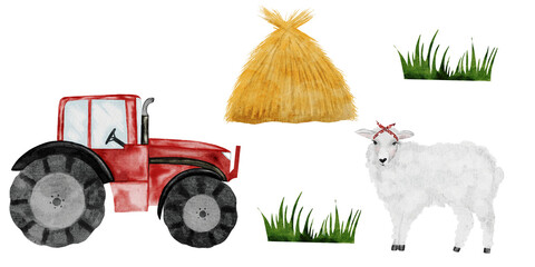 Cute farm animal and tractor. Hand drawn haystack and red tractor on isolated white background. Country style clip art. Ideal for educational cards and posters © Татьяна Трущелева