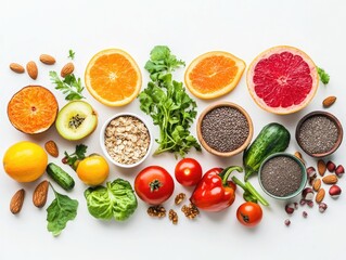 Naklejka premium Fruits Vegetables Nuts Seeds Healthy Food Natural Ingredients, Balanced Diet, Fresh Produce, Colorful Organic Food, Nutritious Eating