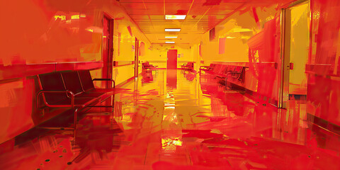 An abstract expressionist painting in shades of red and yellow in a mental health emergency room, conveying a sense of urgency