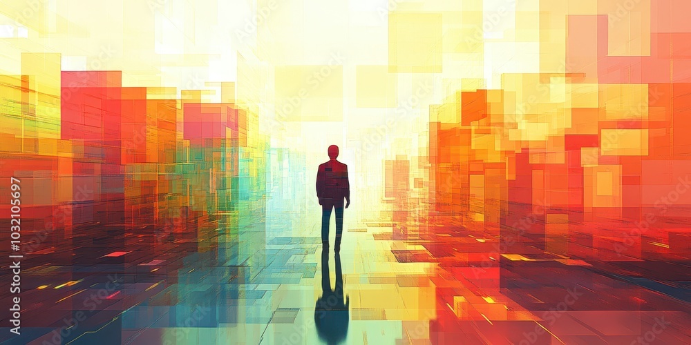 Poster a vibrant abstract landscape with a silhouetted figure exploring a colorful digital world filled wit