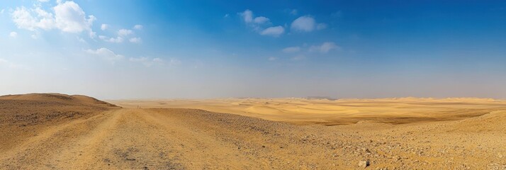 A vast panoramic view of a desert landscape featuring golden sand dunes under a bright blue sky with fluffy clouds.