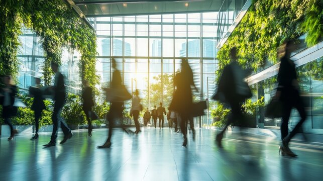 Dynamic green office environment, bustling employees engaged in sustainable practices, showcasing commitment to environmental responsibility and corporate social governance initiatives