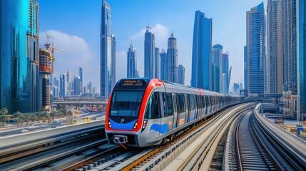 Modern Metro Train Approaching Skyscrapers in Dubai