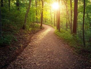 Fototapeta premium Forest Path, Sunlight Through Trees, Nature Landscape, Serene Woodland, Autumn Leaves, Peaceful Trail
