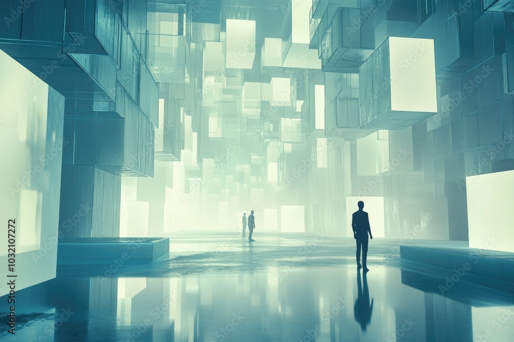 Poster abstract digital landscape with illuminated structures