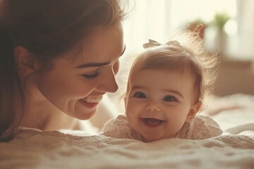Happy mother and child in their bedroom, woman looking with admiration at her baby girl and smiling, enjoying moments of happiness, Generative AI