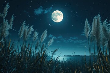 Fototapeta premium Serene Night Landscape Under a Bright Moonlight