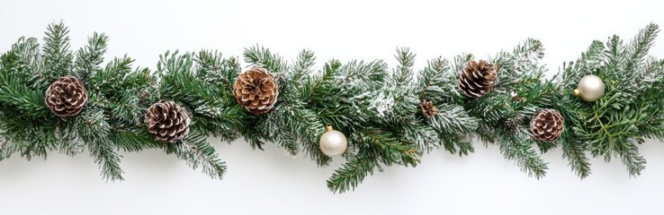 Classic garland on pure white background with evergreen branches and decorations. Christmas decoration. Banner.