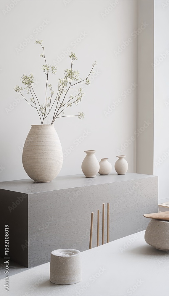 Poster Minimalist interior design with a branch in a vase and ceramic objects on a gray surface.