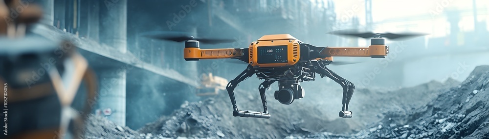Poster robotic drone with sensor scanning construction site for infrastructure development