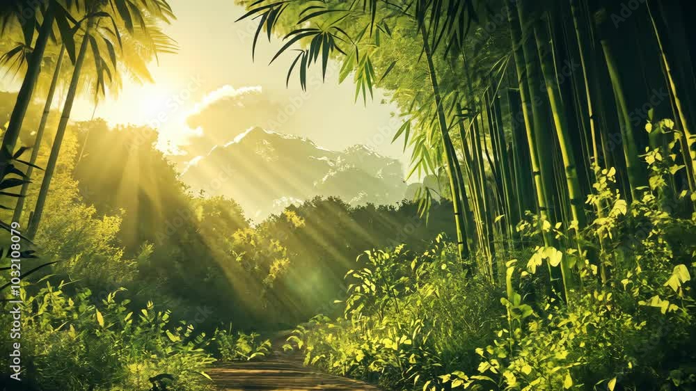 Poster sunlight streams through a dense bamboo forest, illuminating the path ahead