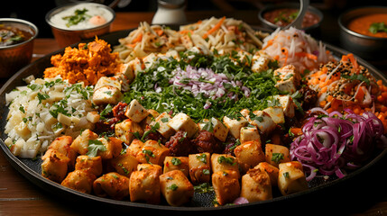Obraz premium A platter of assorted samosa chaat with various toppings