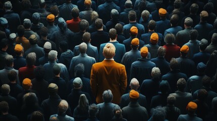 Obraz premium Distinctive Presence in a Crowd, a blonde man confidently stands alone amid a sea of diverse individuals, showcasing individuality and uniqueness in a bustling environment.