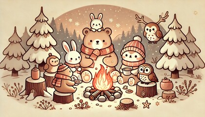 Naklejka premium Inviting Winter Campfire Scene with Bear, Rabbit, and Owl Friends Sharing a Warm Meal in a Cozy Snowy Forest