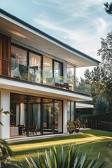 Fototapeta premium A large single-family home with a well-manicured lawn and a patio area