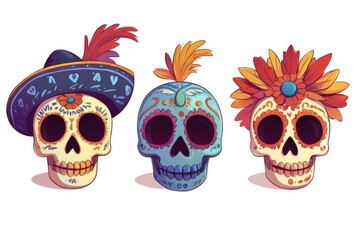 Three colorful sugar skulls dressed up in hats and feathers, a festive and playful scene