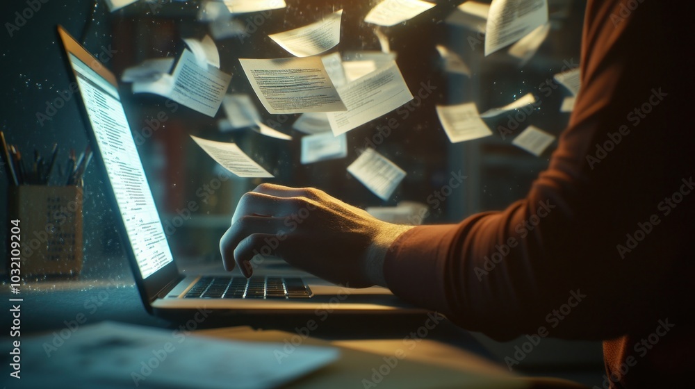 Poster digital overload: man typing on laptop surrounded by floating papers