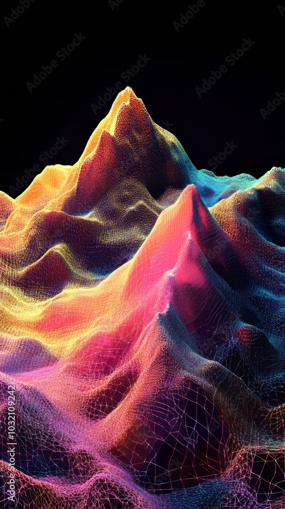 Poster colorful wireframes form mountain peaks on a black background, creating a futuristic digital landsca