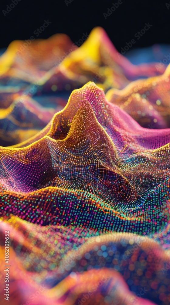 Poster vibrant and futuristic landscape is created in cyberspace, as a colorful grid transforms into digita