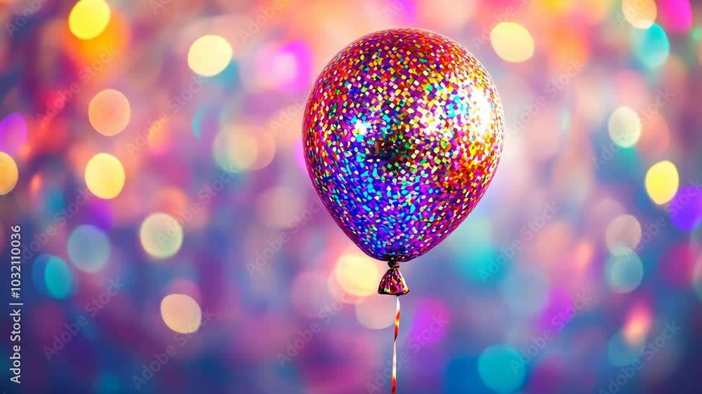 Poster a sparkly purple balloon floats in front of a colorful bokeh background