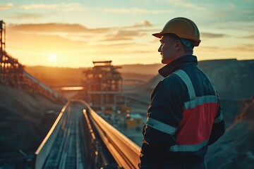 Hardworking Individual on Conveyor Belt at Sunset