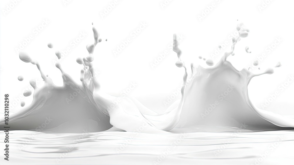 Poster realistic splashes of white milk creating dynamic wave shapes generative ai