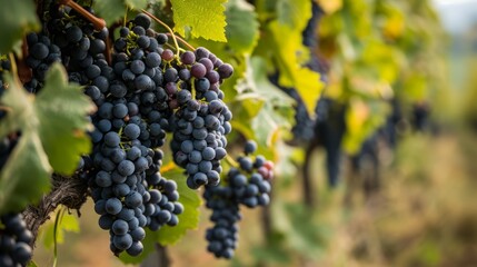 Harvest-ready Splendor: A Close-up of Luscious Nebbiolo Grapes Blanketed in Green Leaves, Amidst Bar