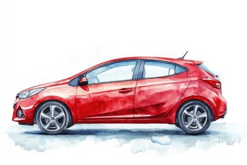 Obraz premium A red car painted in watercolor style on a white background, perfect for editorial or advertising use