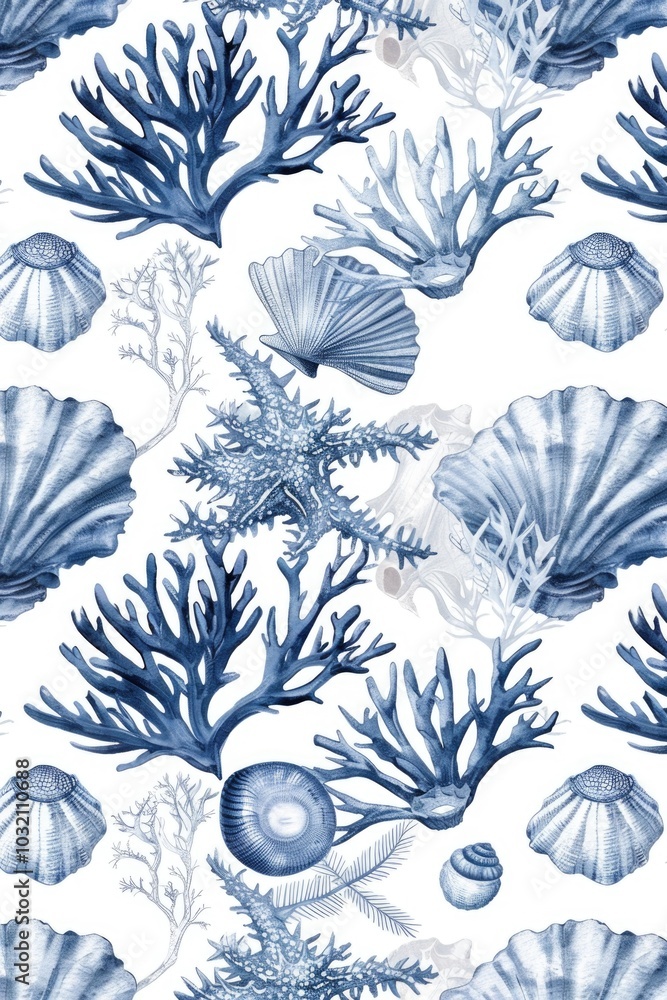 Poster a beautiful pattern featuring shells and corals in shades of blue and white, perfect for use as a de