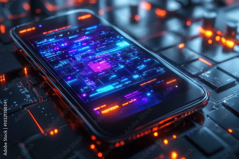 Poster a smartphone displaying a futuristic digital circuit board interface with glowing neon colors.
