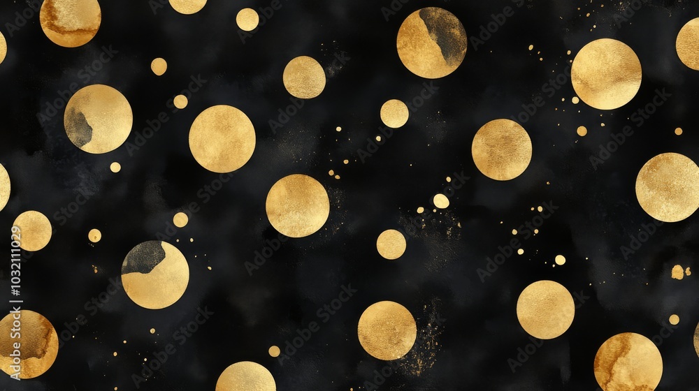 Poster seamless pattern with gold circles and splashes on black background is perfect for creating luxury p
