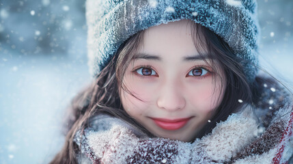 雪景色と笑顔の日本人女性