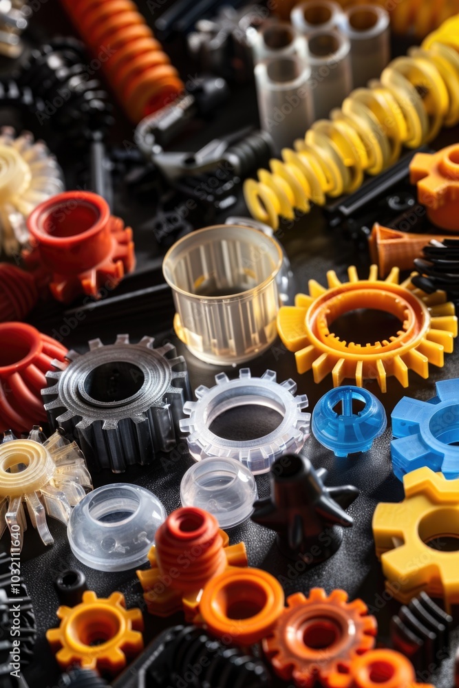Poster a close-up view of various colored gears, suitable for use in diagrams or illustrations