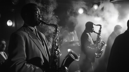 Harlem Jazz Haven, an underground club in the 1940s, filled with swirling saxophone melodies and a smoky atmosphere, capturing the essence of vibrant nightlife and culture.